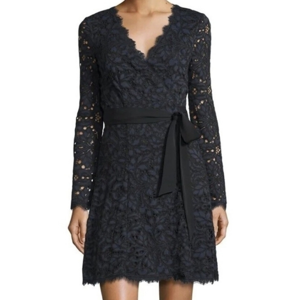 Diane Von Furstenberg Black Lace Long-Sleeve Wrap Dress